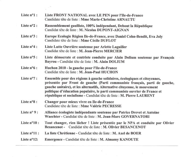 LES 12 LISTES AU 1ER TOUR DES REGIONALES EN IDEF