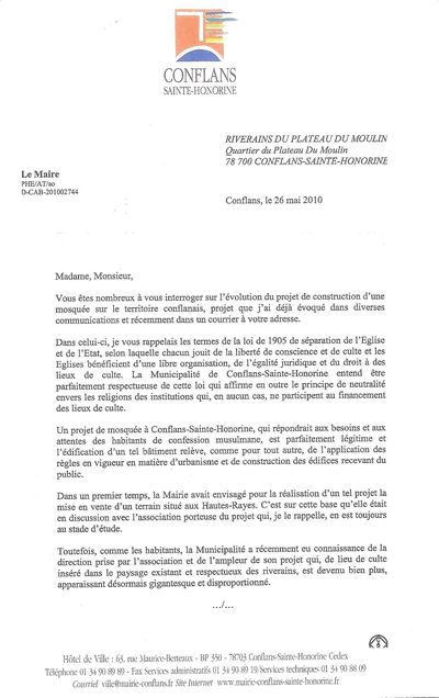 MOSQUEE LETTRE DU MAIRE 26 MAI PAGE 1