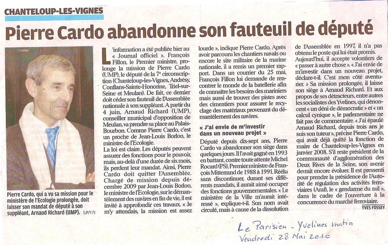 DEMISSION DE P. CARDO LE PARISIEN 28 05 2010