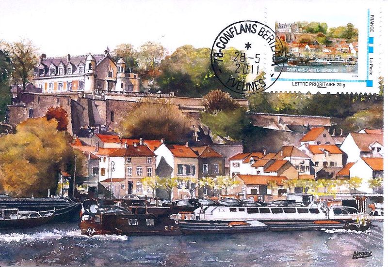 TIMBRE-POSTE AQUARELLE DE CONFLANS SUR CARTE POSTALE